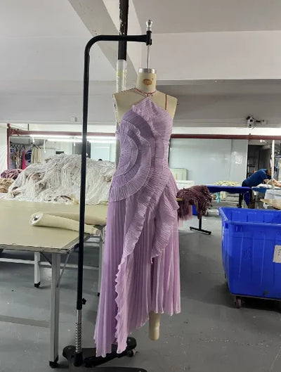 Elegant Purple Halter A Line Prom Gowns Ruffles Tiered Backless Party Gown Summer Vacation Chiffon Long Evening Dress - Smarsty