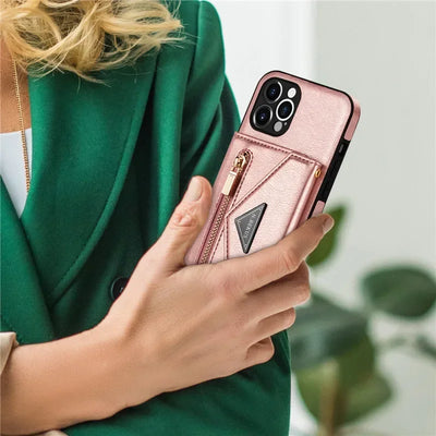 Zipper Wallet Phone Case For iPhone 17 Air 16 Plus 16E 15 Pro Max Leather Card Back Crossbody Strap Leather Magnetic Wallet Phone Case by Smarsty