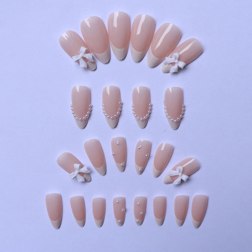 Pink Bowknot Stiletto Press On Nails 24PCS Full Cover - Smarsty