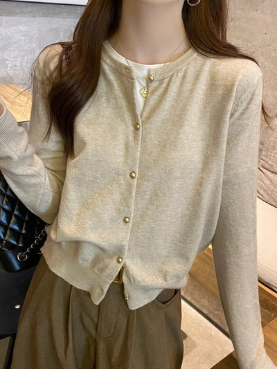 Solid Color Knitted for Women Cardigan Korean Single Breasted Long Sleeve Jumper Woman Round Neck All Match Cardigans Outwear - Smarsty