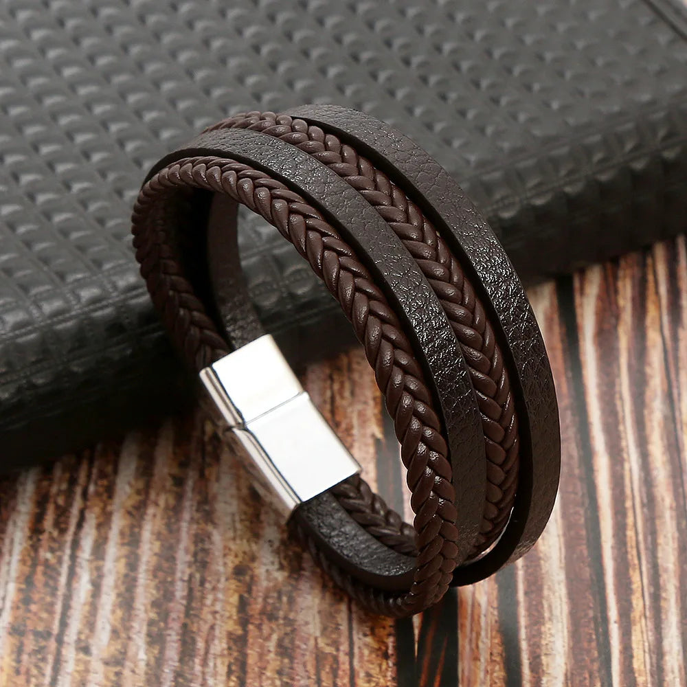 Men Leather Bracelet with Tiger Eye Beads Stylish Gift - Smarsty