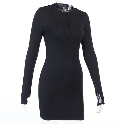 Long Sleeve Dresses for Women Black Sexy Club Bodycon Mini Dress Y2k High Waist Ladies Korean Short Dress Basic Autumn Winter - Smarsty