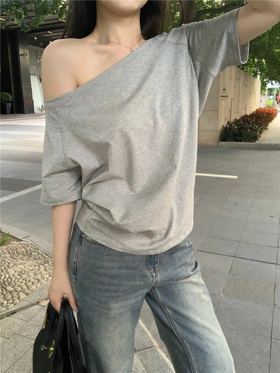 Sexy Pullovers Women Off Shoulder Cropped Knitted Basic Clothes Autumn All-match Side Slit Simple Tender Slim Gentle Seductive - Smarsty