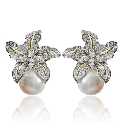 Elegant Flower Imitation Pearl Earrings With CZ Stone - Smarsty
