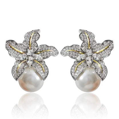 Elegant Flower Imitation Pearl Earrings With CZ Stone - Smarsty
