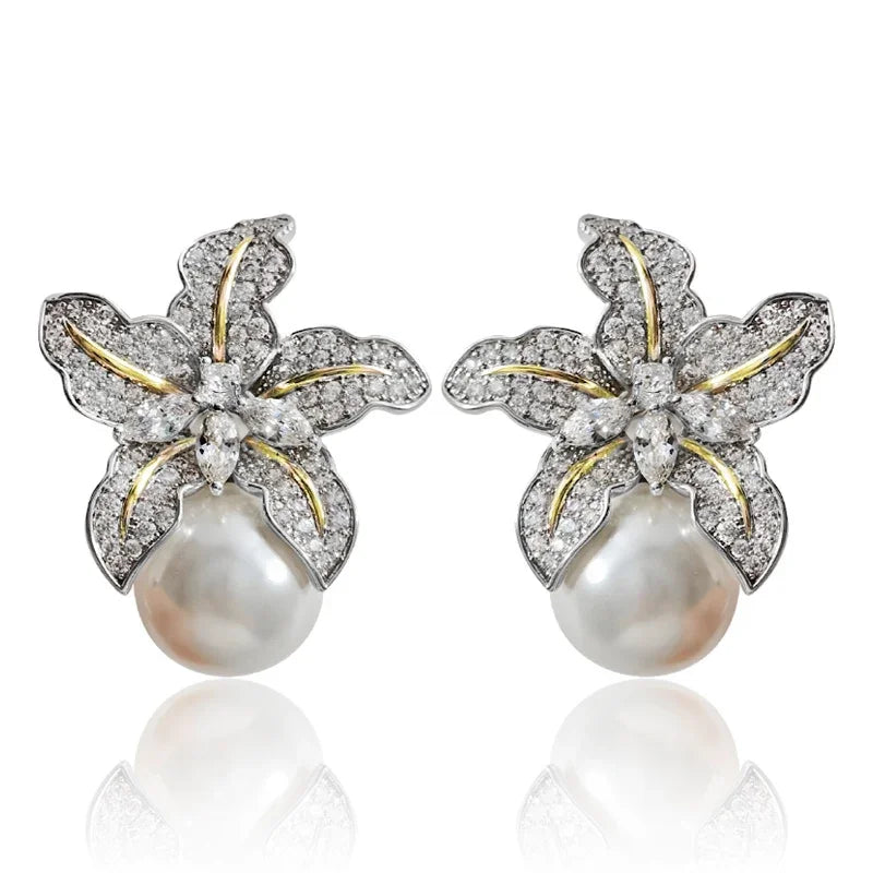 Elegant Flower Imitation Pearl Earrings With CZ Stone - Smarsty