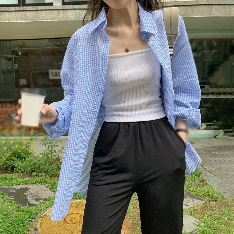 Korean Women's Shirt Sunscreen Long Sleeves Shirt Summer Women's Loose Casual Single Breasted Turndown Collar Plaid - Smarsty