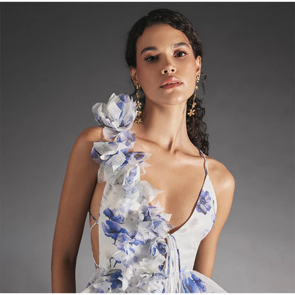 Backless Party Dress Women Elegant 3D Flower Print Sling Lace Up Ruffle A-line Mini Evening Dresses Female 2025 Summer Swimwears - Smarsty