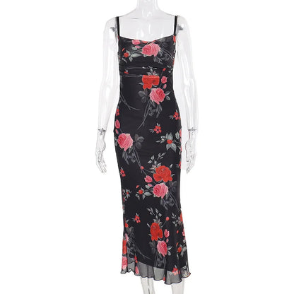 Flowers Print Spaghetti Strap Dresses Women Temperament Package Hip Bodycon Long Dress Fashion Sexy Backless Lady Slim Vestidos