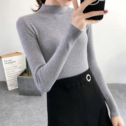 Autumn Winter Mock Neck Women Sweater Vintage Basic Solid Knitted Korean Tops Casual Slim Pullover Sweaters Simple Chic Jumpers - Smarsty