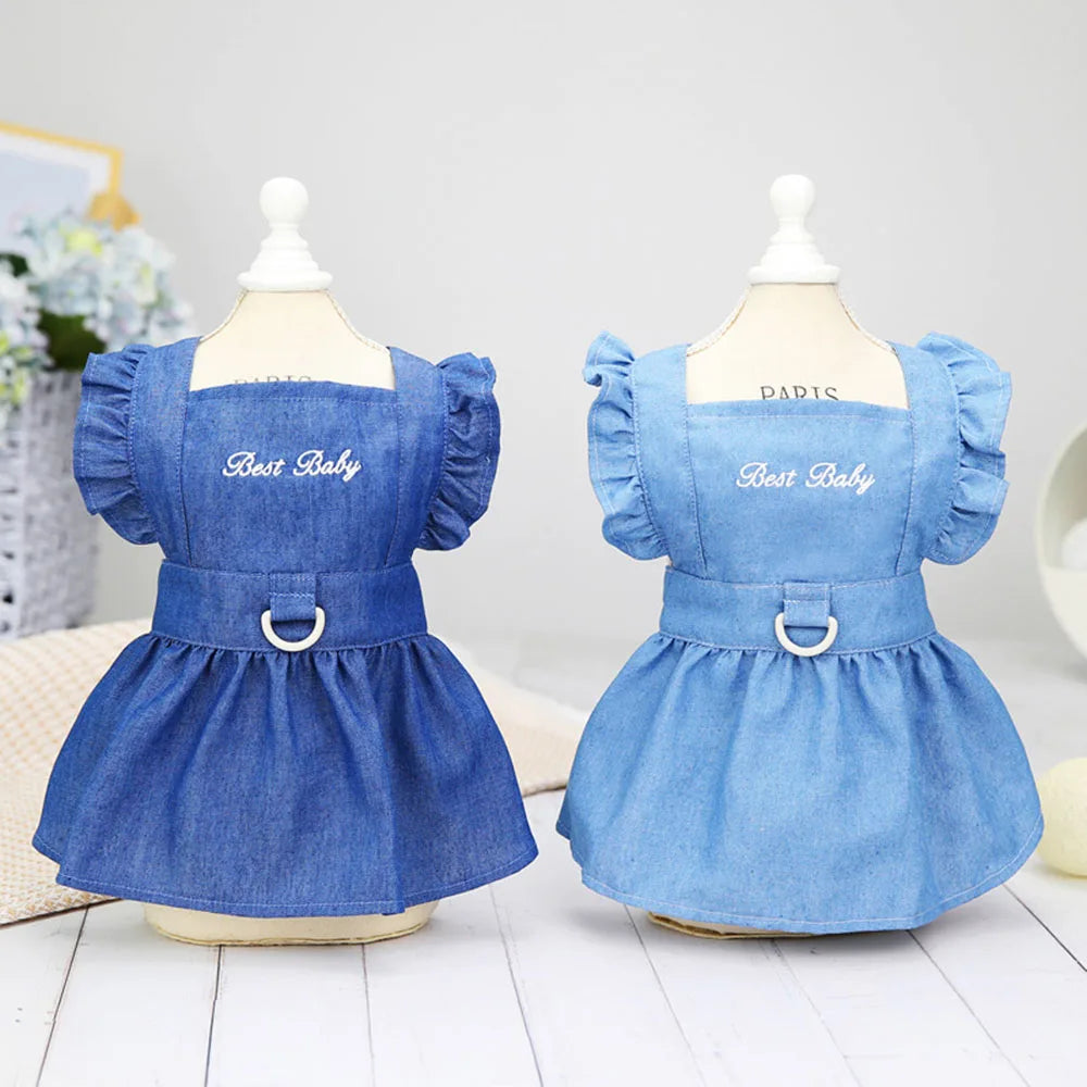 Cute Denim Dress for Small Dogs with Leash Ring - Smarsty