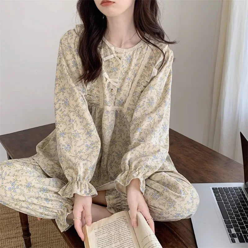 Women Plus Size Pajamas Garden Style Student Homewear Two-Piece Korean Version of the Bow Can Be Worn Outside Long-Sleeved women - Smarsty