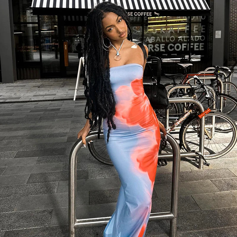 Sexy Strapless Print Tube Maxi Dress Women Off Shoulder Backless Stretch Long Sundress Summer Beach Y2K Clothes - Smarsty