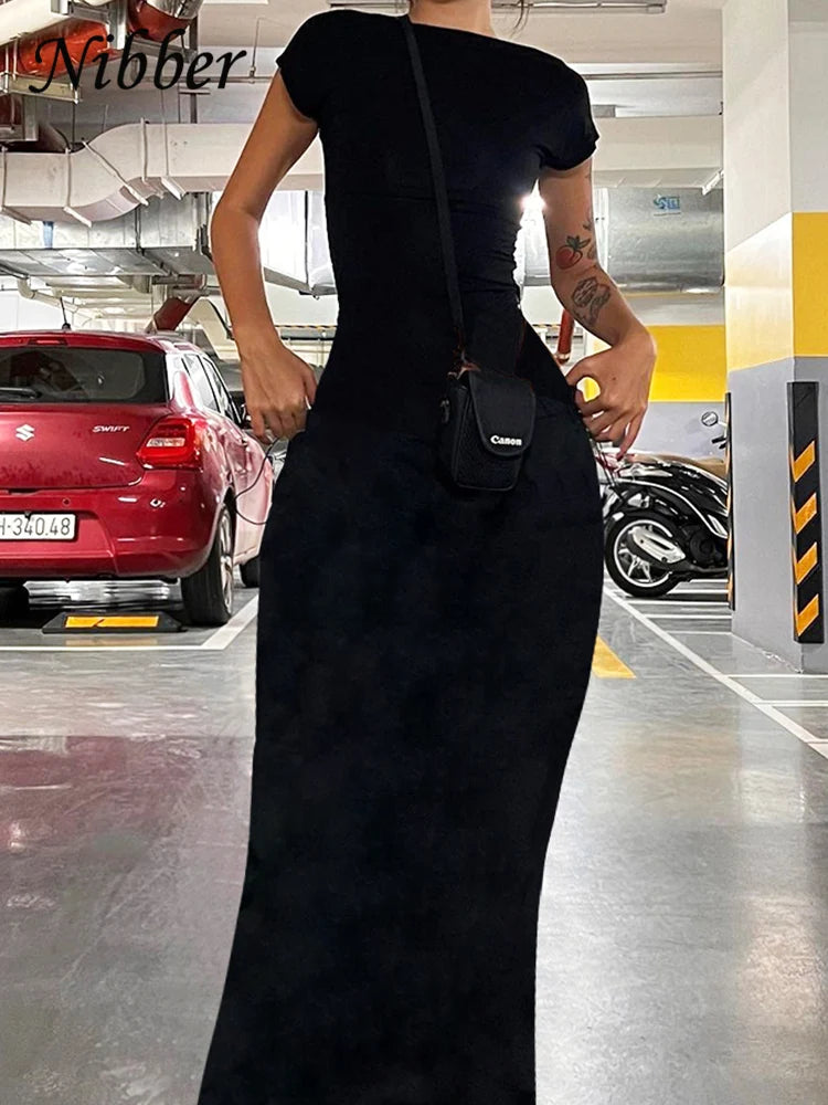 Nibber Solid Sexy Backless Maxi Dress Women Elegant Elastic Slim Short Sleeve Long dresses Female Bodycon Streetwear Clothing - Smarsty