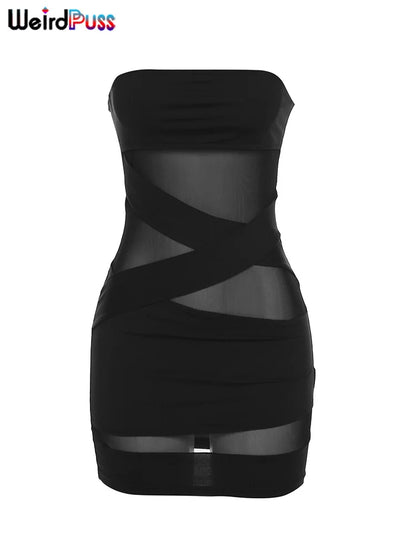 Weird Puss Party Strapless Dress Women Patchwork Mesh Summer Trend Sleeveless Midnight Sexy Hip Mini Bodycon Skinny Clubwear - Smarsty