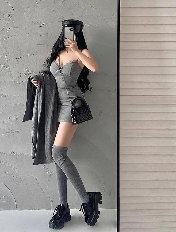 Y2K Retro Lace Patchwork Spaghetti Strap Black Bodycon Dress Mini Fashion Aesthetic Bow Club Party Sexy Dresses for Women - Smarsty