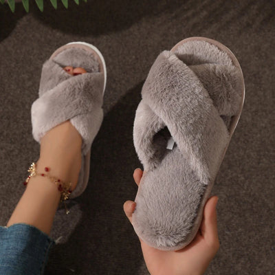 Cross Warm Fluffy Furry Slippers Women Lightweight Flat Heels Fur Slides Woman Autumn Winter Open Toe Non Slip Home Floor Shoes - Smarsty