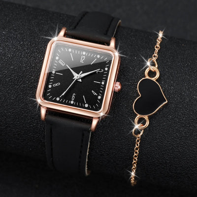 Fashion Square Women's Quartz Watch Set with Leather Band - Smarsty