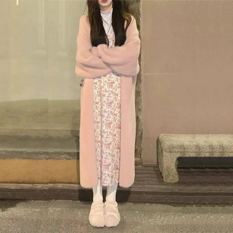 white Long Cardigan for women 2025 new winter clothes Knitted fluffy long sleeve Cashmere sweater coat korean style warm vintage - Smarsty