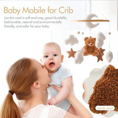 Wooden Crib Mobile Baby Bed Bell Rattle Toy Soft Felt Cartoon Bear Mobile Hanging Newborn Music Box Bed Bell Hanging Bracket Toy by Smarsty
