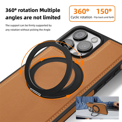 360 Rotating Metal Ring Stand Magnetic Leather Case for IPhone 17 Air 15 14 13 12 11 16 Pro Max Plus 15Pro Magsafe Holder Cover