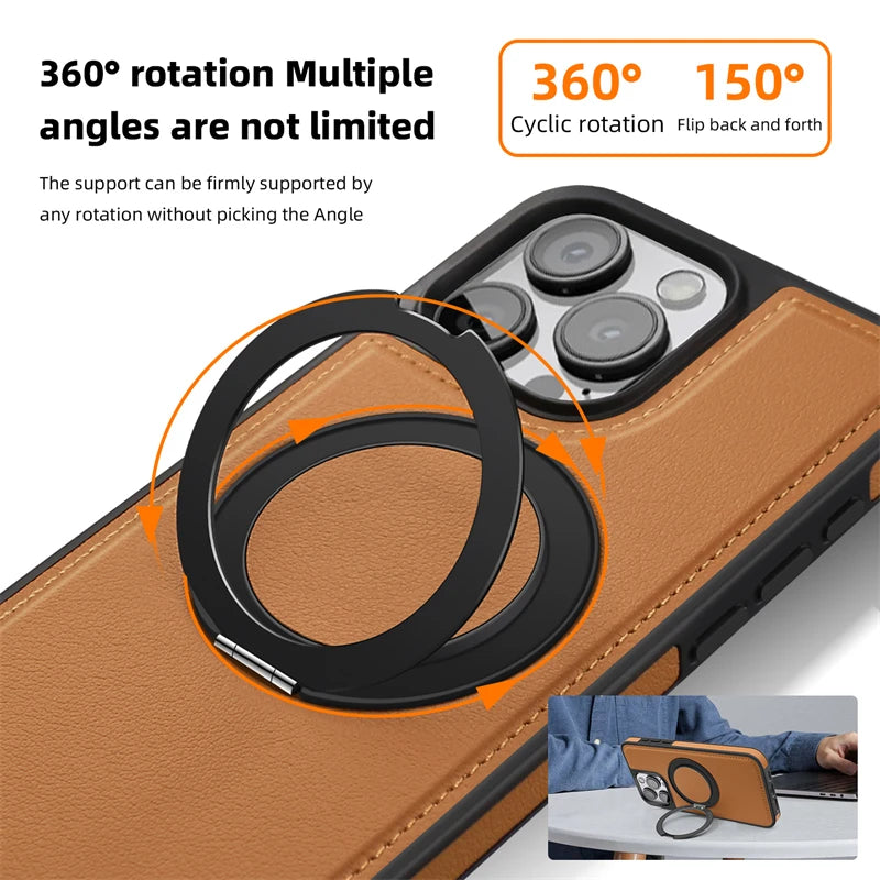 360 Rotating Metal Ring Stand Magnetic Leather Case for IPhone 17 Air 15 14 13 12 11 16 Pro Max Plus 15Pro Magsafe Holder Cover