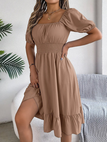 Women's MIidi Dresses 2024 Summer Casual Square Neck Short Sleeved Waist Ruffle Edge Dress Dress Women Elegant Платья Женские - Smarsty