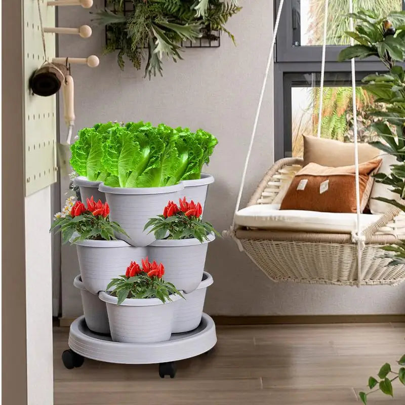 Plastic Stackable Vertical Flower Pot Multi-layer Garden Planter Tower with Movable Casters for Strawberry vegetable Frame Grow