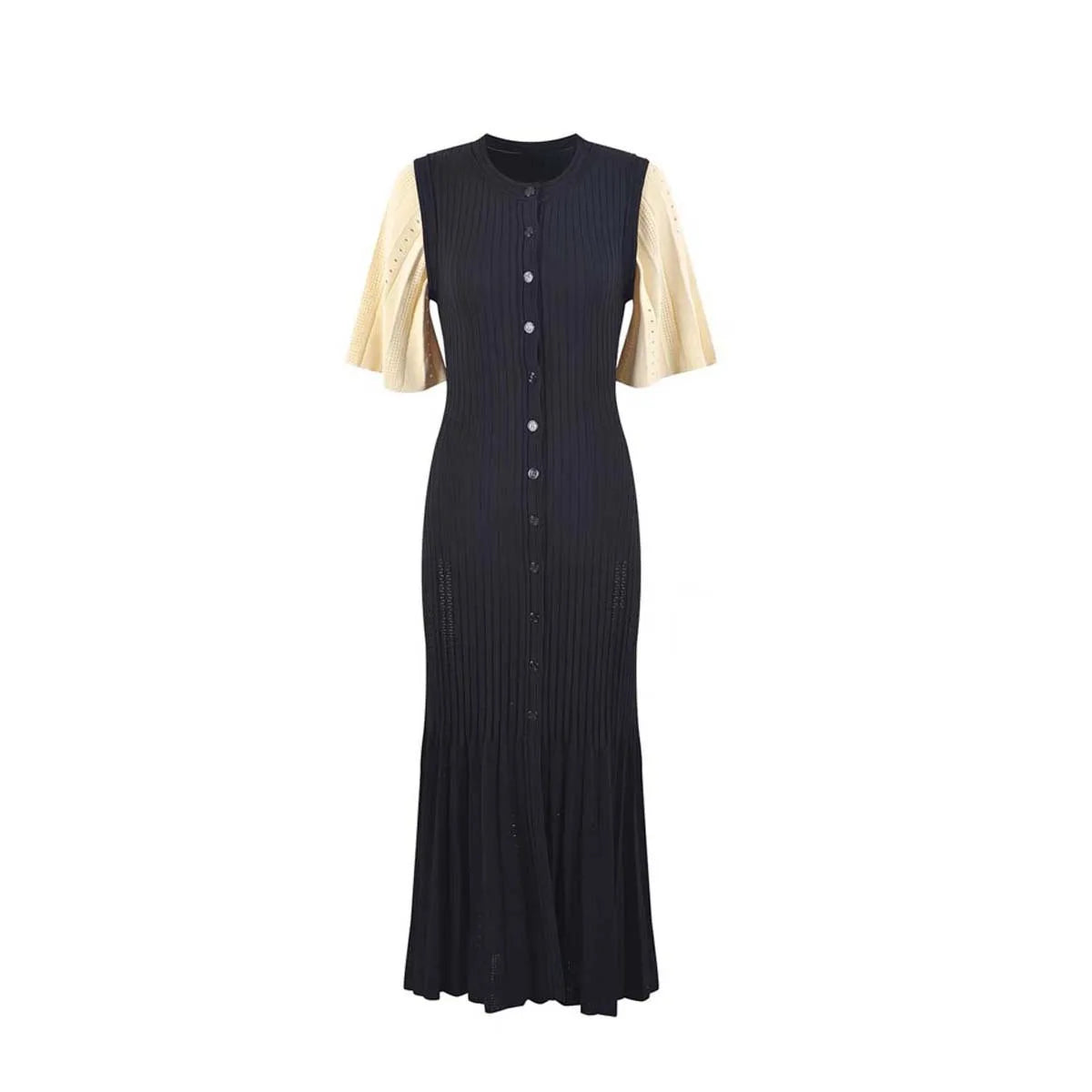 Summer-style fashionable openwork French slimming A-line short-sleeved knitted dress, fishtail long dress for women - Smarsty