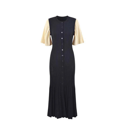 Summer-style fashionable openwork French slimming A-line short-sleeved knitted dress, fishtail long dress for women - Smarsty