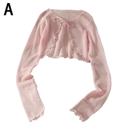 Summer Women Thin Sunscreen Cardigan Lace-up Knitwear Tops Female Korean Style Lantern Sleeve Short Coat Casual Sun Protected - Smarsty