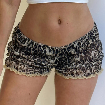 Retro Y2K Women Kawaii Leopard Printed Shorts Ruffle Vintage Cottage Shorts Elastic Slim Fit Bloomers Pants Fashion Streetwear - Smarsty