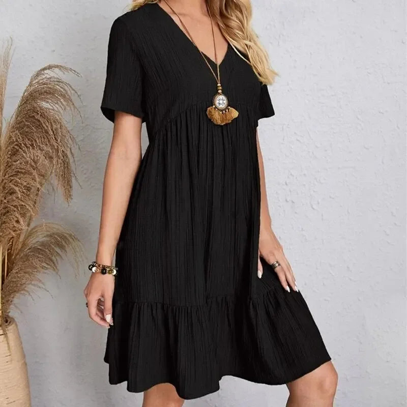 Women Summer Peplum Dresses Spring V-Neck Short Sleeve Loose Waist Ruffle Fit Flare Vocation Dresses - Smarsty