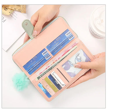 Women Long Wallet Pu Leather Card Holder Large Capacity Hasp Zipper Coin Purse Multi Card Organizer Cell Phone Wristlet Handbag - Smarsty