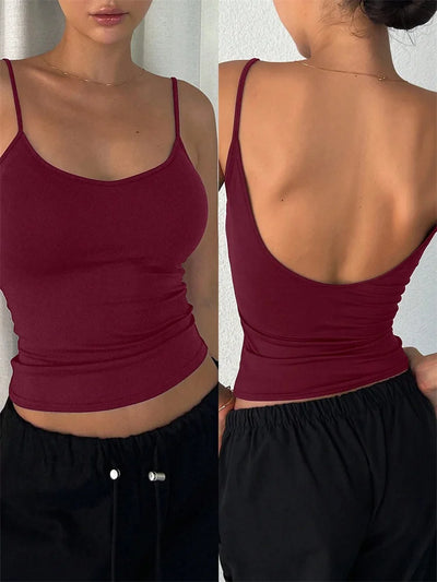Women Backless Cami Crop Top Summer Solid Color Casual Sleeveless Top Streetwear Y2K Clothes - Smarsty