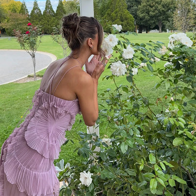 Elegant Purple Halter A Line Prom Gowns Ruffles Tiered Backless Party Gown Summer Vacation Chiffon Long Evening Dress - Smarsty