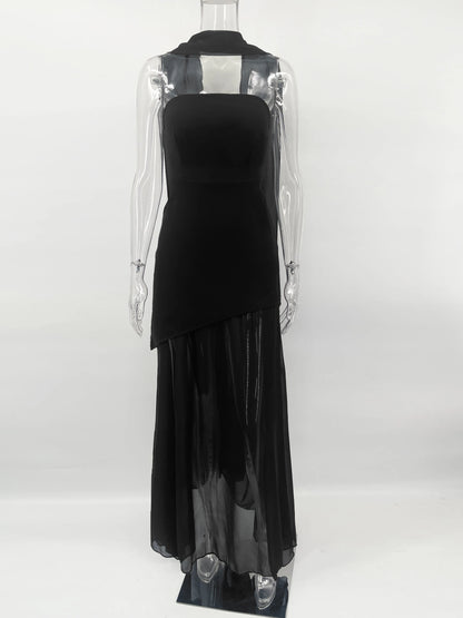 TARUXY Fashion Strapless Dress With Ribbon Female Elegant Sleeveless Mesh Beach Vacation Long Dress 2025 Spring New Women Dress