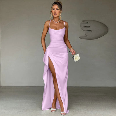 Ladies Summer Satin Fashion Evening Party Dress Women Sleeveless Backless Side Slit Long Dress Birthday Clubwear Woman Clothes - Smarsty