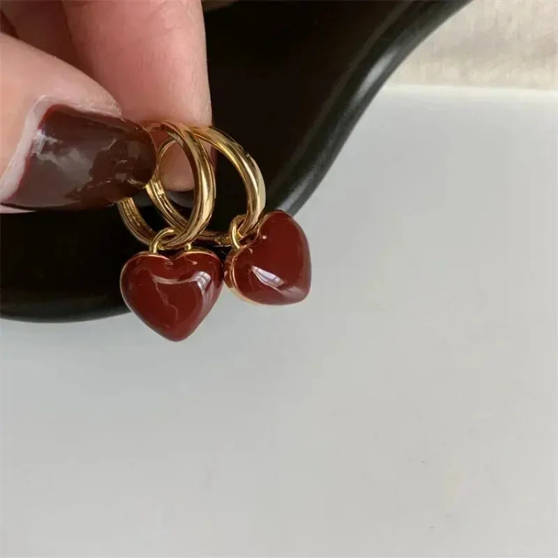 Red Epoxy Heart Drop Earrings for Women in Pink and White - Smarsty