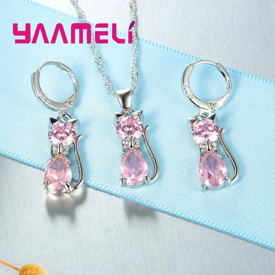Real 925 Sterling Silver Cat Jewelry Set with Austrian Crystals - Smarsty