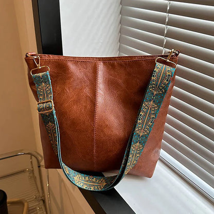 Wide Geometric Strap Shoulder Bag Large Capacity Crossbody Bags For Women,Retro Pu Leather Women's Bag For Shopping Travel - Smarsty