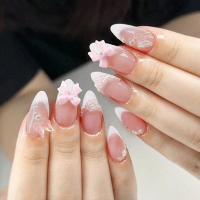24 Piece Pink Almond Fake Nail Set With Bowknot Design - Smarsty