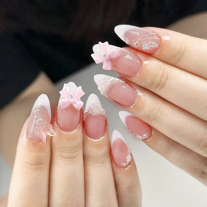 24 Piece Pink Almond Fake Nail Set With Bowknot Design - Smarsty
