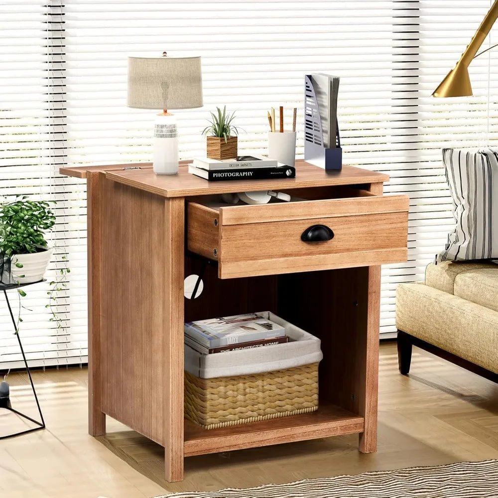 charging station nightstand in farmhouse style, pine wood with drawer for bedroom use