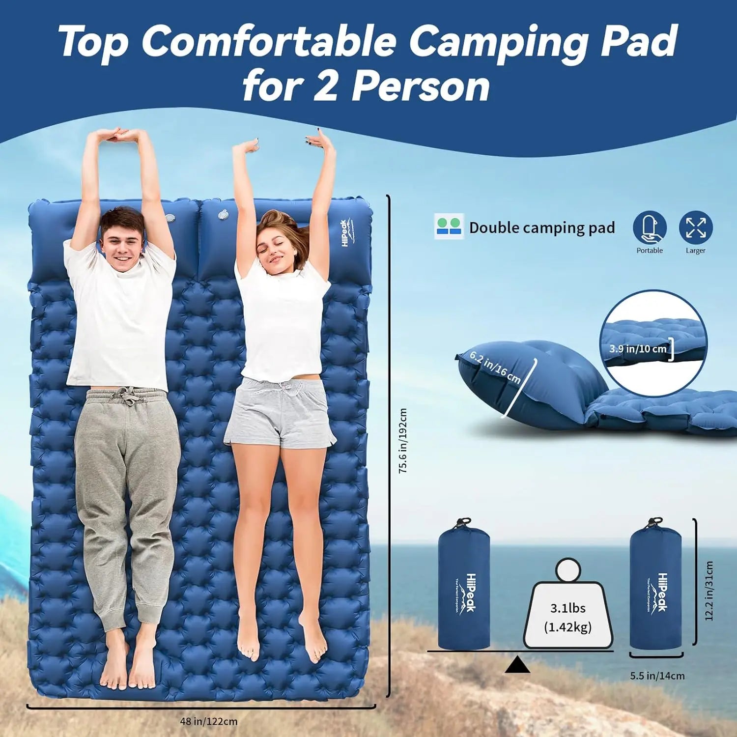 Camping Air Matt Double Sleeping Pad Inflatable Air Mat with Pillow Air Mattress Nature Hike Waterproof Folding Sleeping Mat
