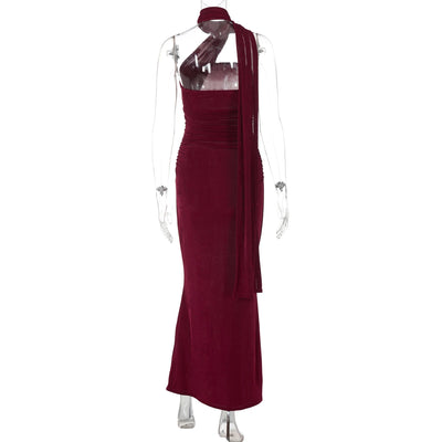 Hugcitar Halter Solid Sleeveless Backless Ruched Sexy Bodycon Maxi Prom Dress Summer Women Elegant Outfit Evening Party Birthday - Smarsty
