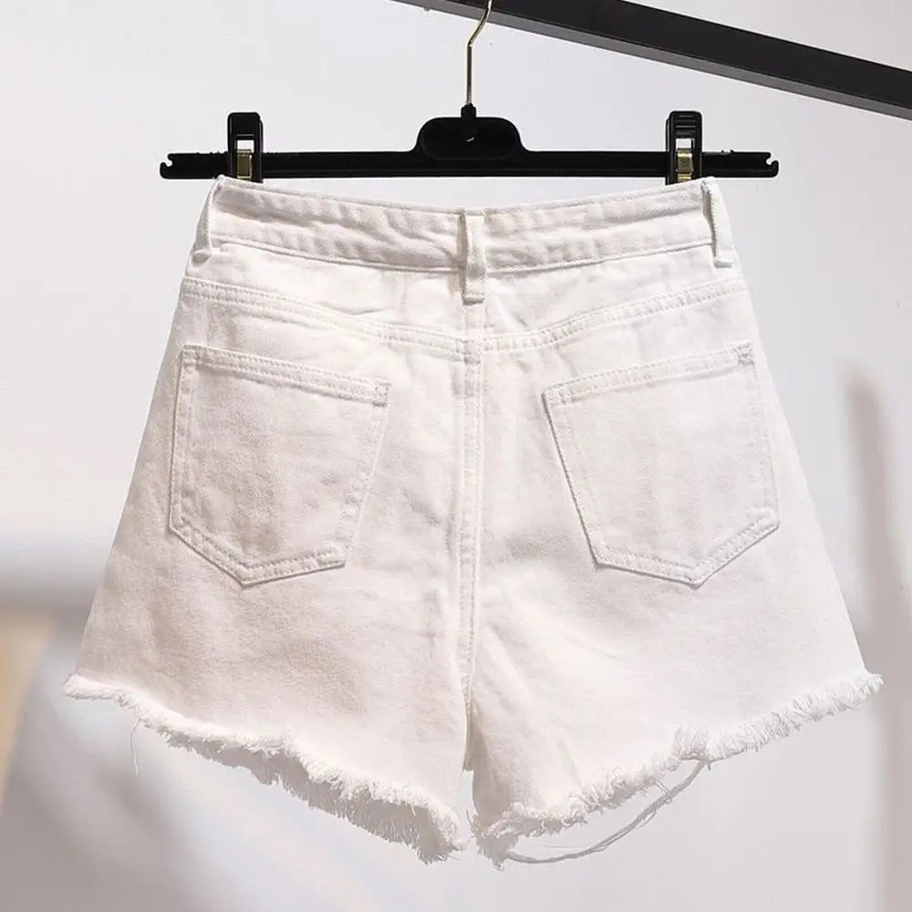 Summer Women's Cowboy Shorts Korean High Waist Casual Denim Shorts Pocket Tassel Perforated Ripped Holes Y2K Girls White Jeans - Smarsty