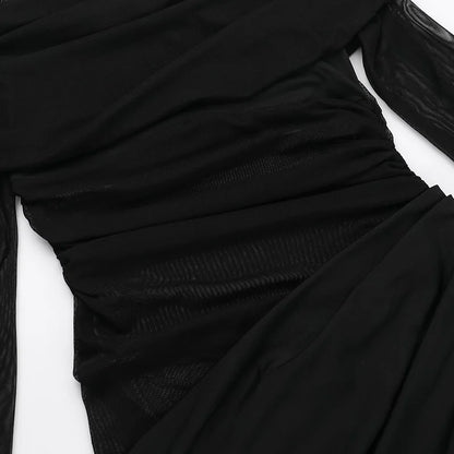 Y2k Summer New Solid Color Long Sleeve Off Shoulder Dresses Sexy Wrap Hip Mesh See Through Ruched Patchwork Long Dress 2024 New - Smarsty