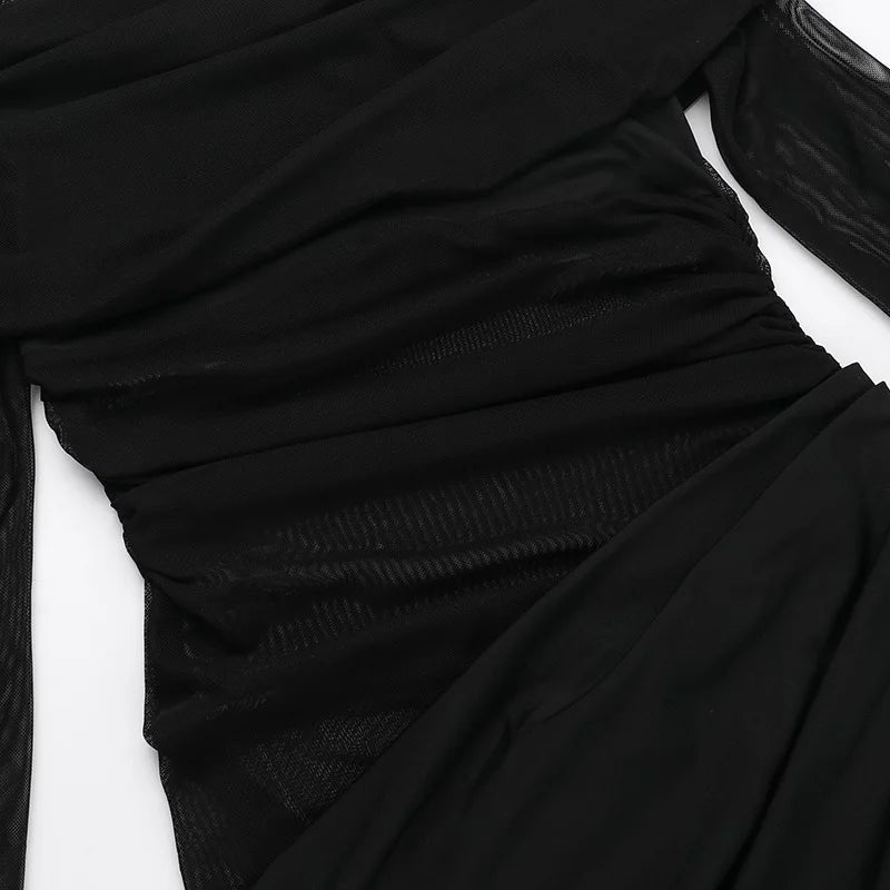 Y2k Summer New Solid Color Long Sleeve Off Shoulder Dresses Sexy Wrap Hip Mesh See Through Ruched Patchwork Long Dress 2024 New - Smarsty