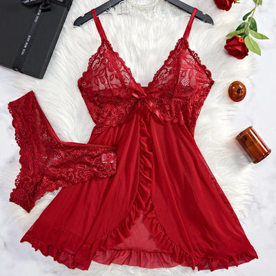 Summer Sexy Lingerie Dress Women Lace See Through Nightdress Sleepwear Solid Slim Soft V Neck Full Slip Sleepwear & Dresses - Smarsty